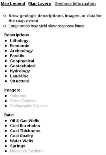 Fig. 6. Subject and feature categories accessed from the geologic information tab. Grayed items not yet implemented