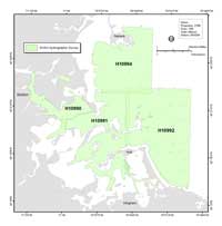 Figure 1.2. Map showing the location of the NOAA hydrographic surveys H10990, H10991, H10992, and H0994 that collected the bathymetry and sidescan-sonar data used to map the sea floor of Boston Harbor and Approaches.