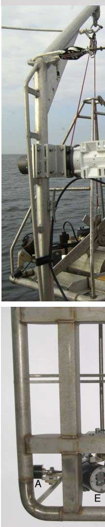 Figure 3.3. TOP: Photograph of Mini SEABOSS and winch on the deck of the RV Rafael. BOTTOM: Components of Mini SEABOSS viewed from below