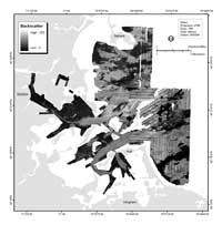 Figure 3.4. Map showing acoustic backscatter intensity of the survey area in Boston Harbor and Approaches, Massachusetts. Backscatter intensity, as recorded with sidescan sonar, is an acoustic measure of the hardness and roughness of the sea floor.