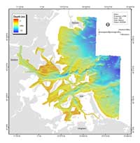 Figure 3.6. Shaded-relief bathymetric map, colored by water depth, of Boston Harbor and Approaches, Massachusetts based on the combined multibeam and vertical-beam sonar bathymetric data (10 meters/pixel).