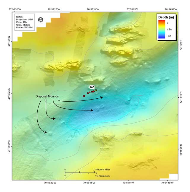 Figure 4.10a. Shaded-relief bathymetry showing disposal of dredged material in the topographic low north of Hull.