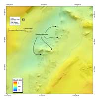 Fig. 4.10b. Shaded-relief bathymetry, colored by water depth, showing disposal of dredged material in the topographic low north of Peddocks Island.