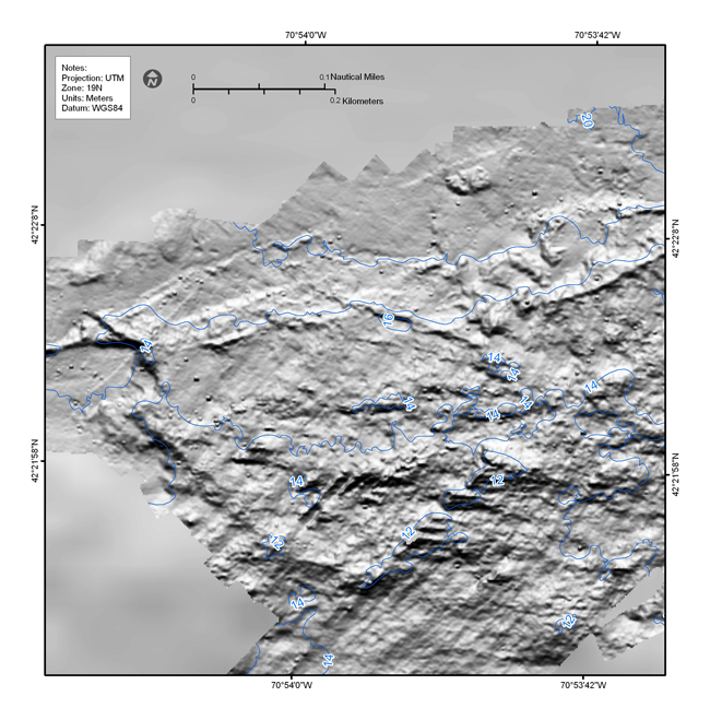 Figure 4.19.  Shaded-relief bathymetric map showing numerous individual targets 4-6 m on a side and less than a meter high that are interpreted to be individual boulders.