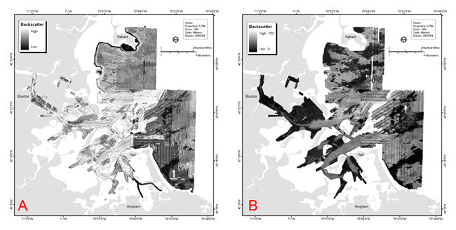 Figure 4.22.    Sidescan sonar mosaic (A) assembled in the field during the hydrographic surveys and (B) the mosaic assembled from reprocessed sidescan-sonar data.  