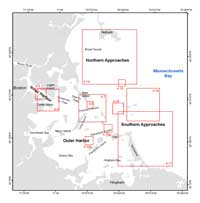 Fig. 4.2. Map of Boston Harbor and Approaches showing locations of Figures 4.4 x 4.20 that illustrate selected features and characteristics of the sea floor.