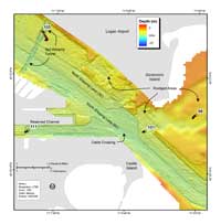 Fig. 4.4. Shaded relief bathymetry, colored by water depth, of eastern portion of Boston Inner Harbor showing dredged main shipping channel, Ted Williams Tunnel, circular dredged areas south of Logan Airport, cable crossing, and linear scour marks.