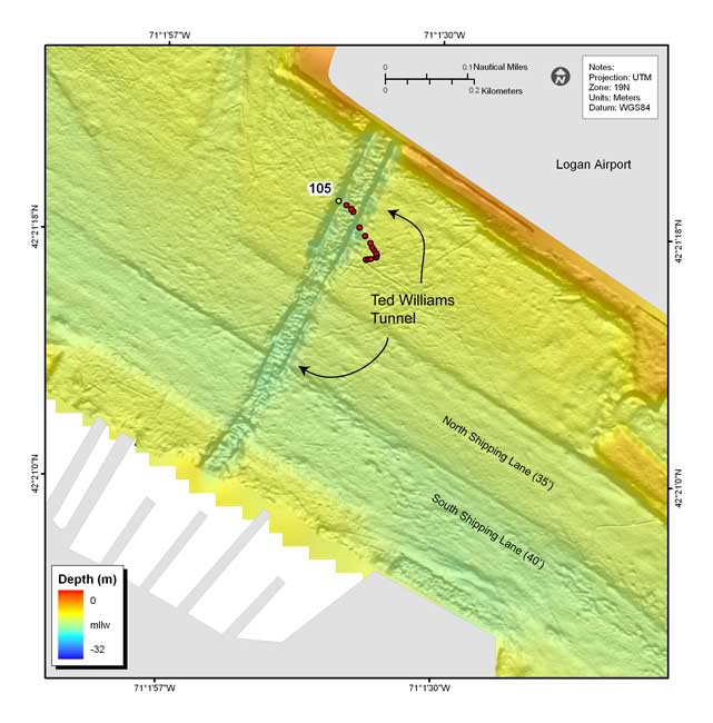 Figure 4.5. Shaded relief bathymetry, colored by water depth, showing the Ted Williams Tunnel as it crosses Boston Inner Harbor from south Boston to Logan Airport.