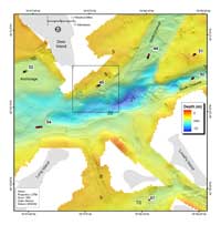 Fig. 4.7. Shaded-relief bathymetry, colored by water depth, of the depression south of Deer Island.