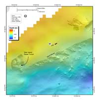 Fig. 4.8. Shaded-relief bathymetry, colored by water depth, showing sand waves along the northern side of the navigation channel south of Deer Island.