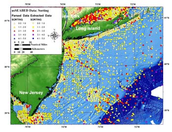 Map of sediment sorting of extracted and parsed data (over 29,000 samples for the New York-New Jersey region).