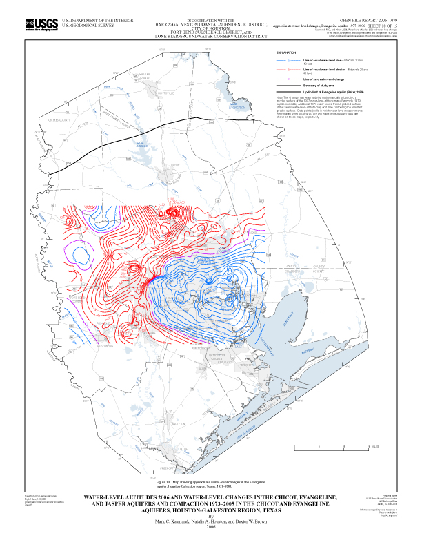 Figure 10. Map showing approximate water-level changes in the Evangeline aquifer, Houston-Galveston region, Texas, 1977–2006. 
