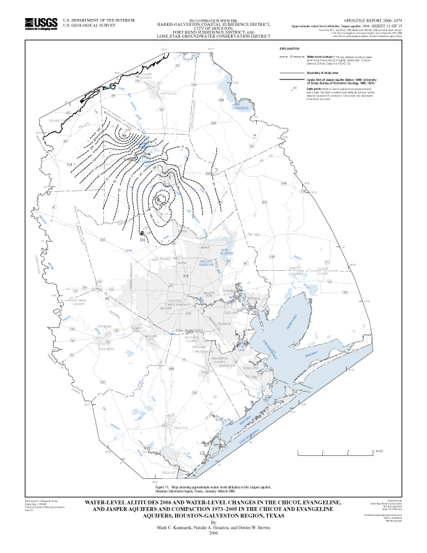 Figure 11. Map showing approximate water-level altitudes in the Jasper aquifer, Houston-Galveston region, Texas, January–March 2006. 