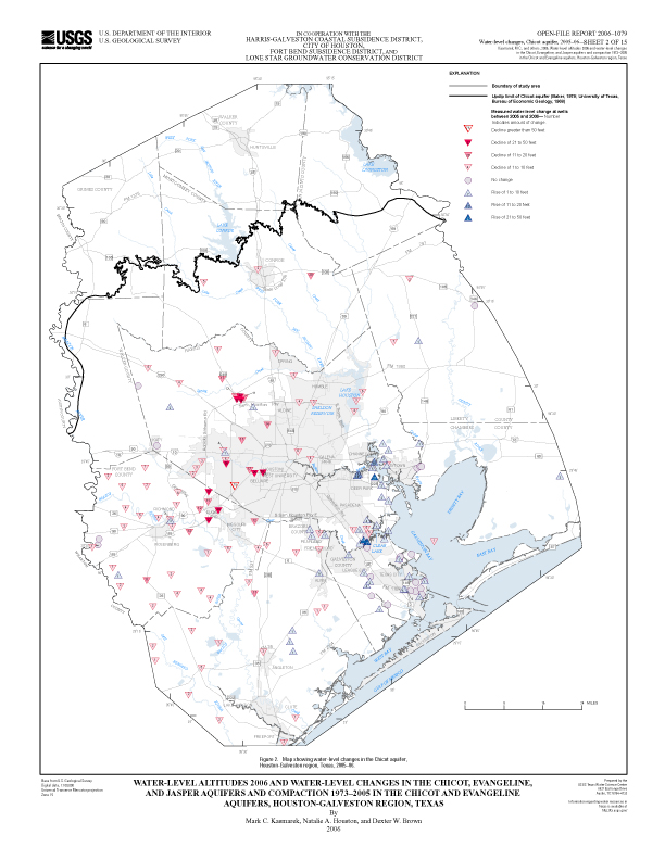 Figure 2. Map showing water-level changes in the Chicot aquifer, Houston-Galveston region, Texas, 2005–06. 