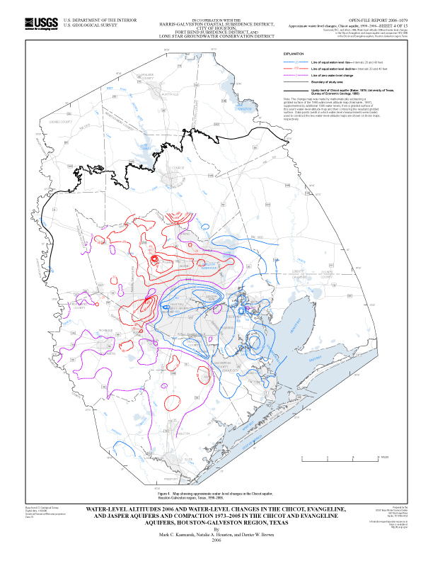 Figure 4. Map showing approximate water-level changes in the Chicot aquifer, Houston-Galveston region, Texas, 1990–2006. 
