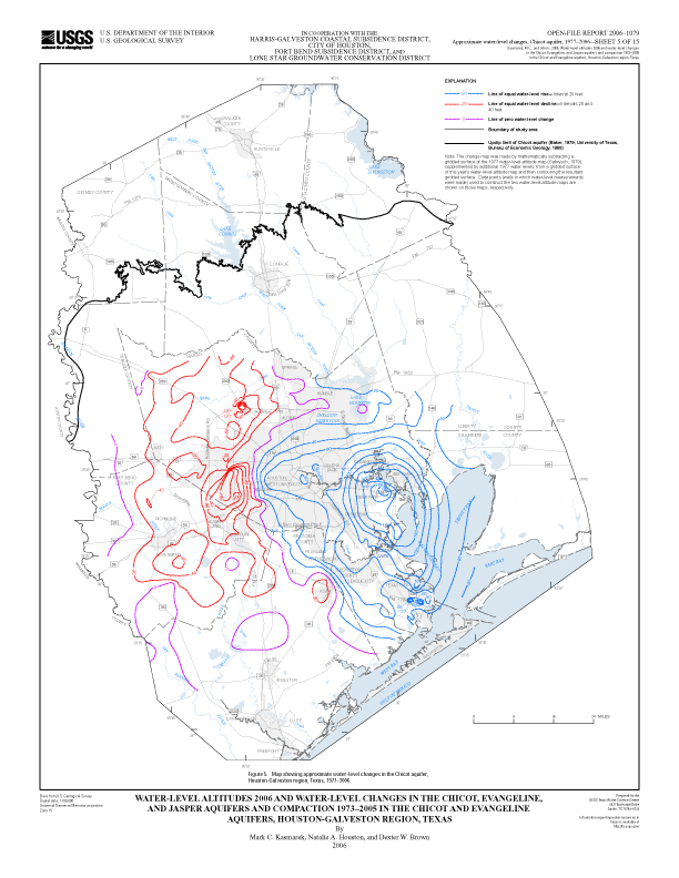 Figure 5. Map showing approximate water-level changes in the Chicot aquifer, Houston-Galveston region, Texas, 1977–2006. 