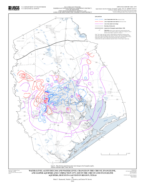 Figure 8. Map showing approximate water-level changes in the Evangeline aquifer, Houston-Galveston region, Texas, 2001–06. 