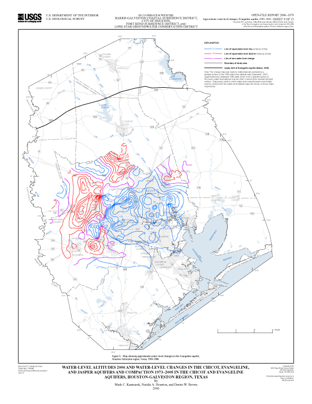 Figure 9. Map showing approximate water-level changes in the Evangeline aquifer, Houston-Galveston region, Texas, 1990–2006. 
