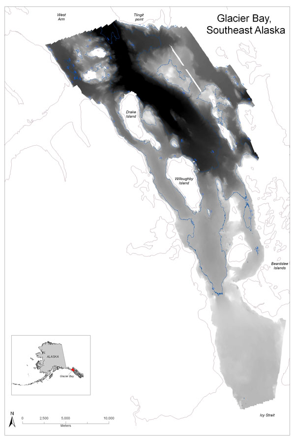 Map showing bathymetry data of Glacier Bay including an inset of the State of Alaska