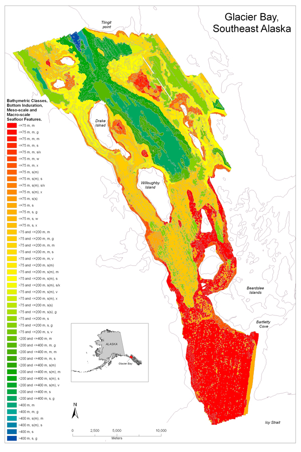 Figure 3. Map of bathymetric classes, bottom induration, and meso-scale and macro-scale seafloor features in Glacier Bay.