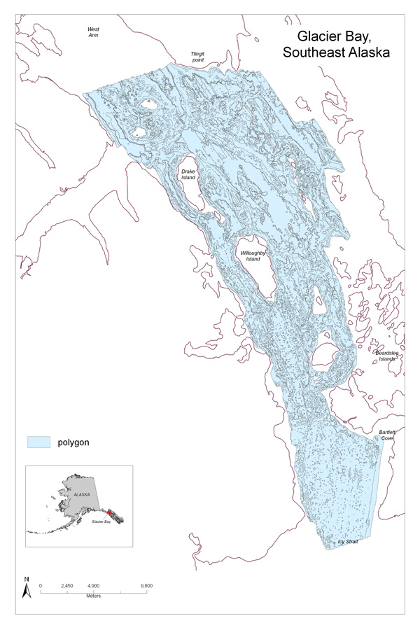 Map showing Glacier Bay habitat polygons including an inset of the State of Alaska.