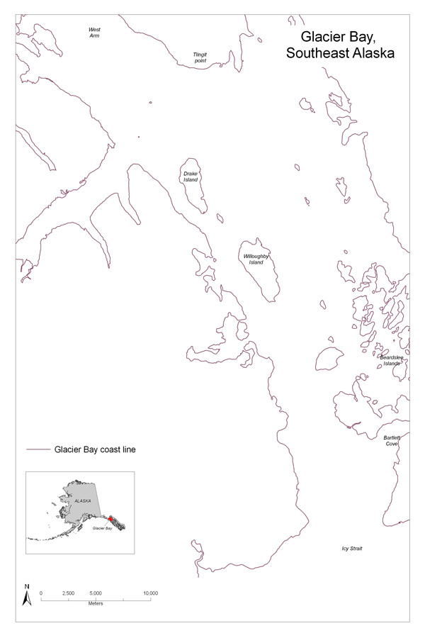 Map showing the coast line of Glacier Bay including an inset of the State of Alaska.