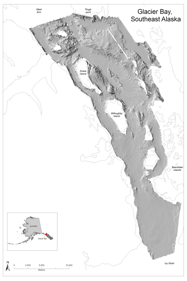 Multibeam hill shaded image of Glacier Bay including an inset of the State of Alaska.