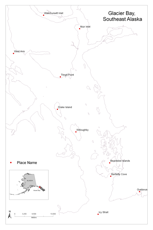 Map showing location of 10 reference place names in Glacier Bay area including an inset of the State of Alaska.