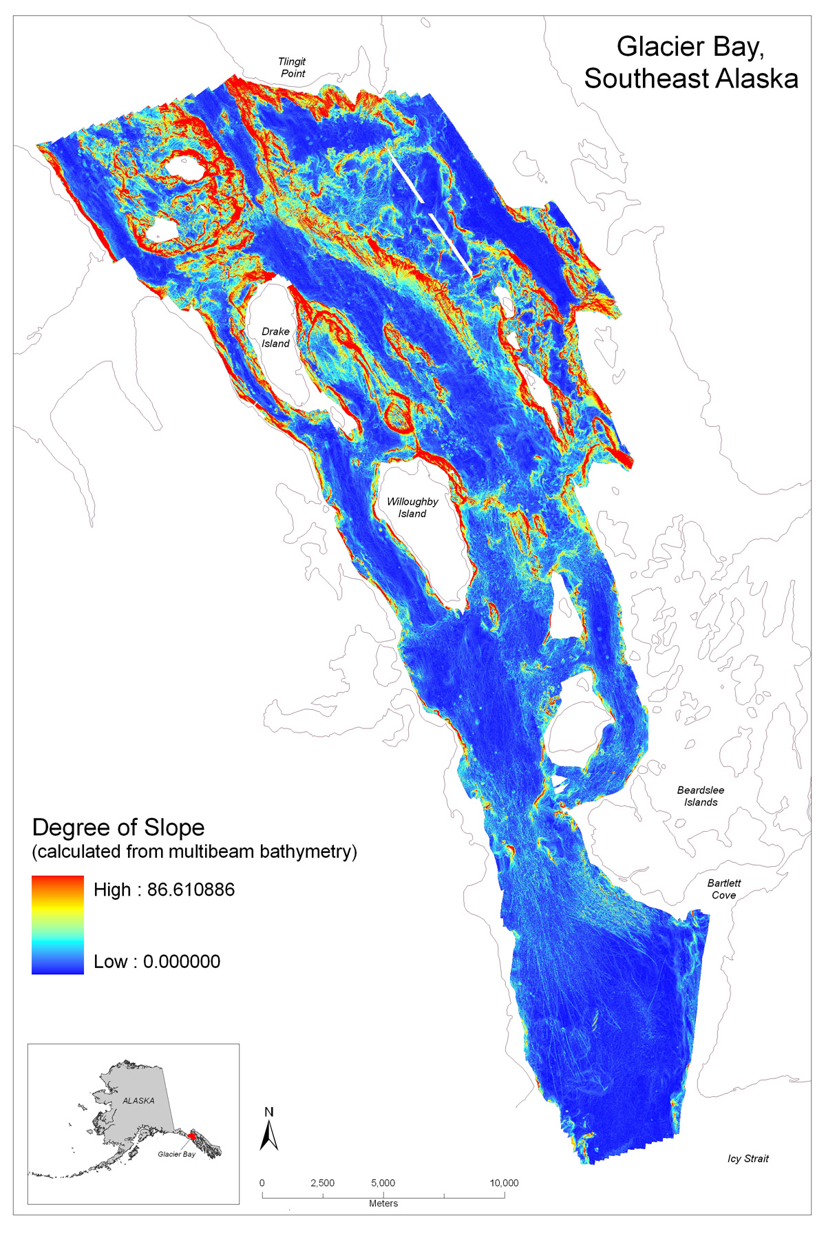 Map showing slope data of Glacier Bay including an inset of the State of Alaska.