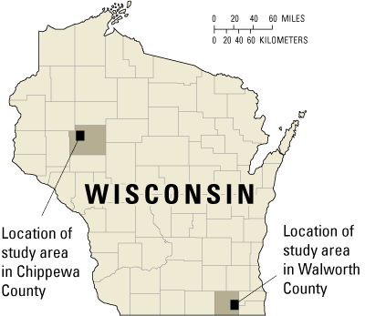 Figure 1 - Map showing the location of study areas in Chippewa and Walworth counties, Wisconsin.