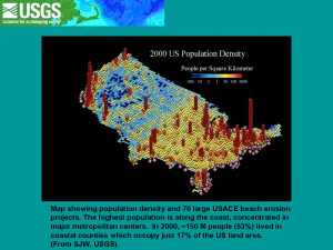 Slide 4. Population density map of the continental U.S., highlighting the proximity of large population and development in the coastal areas.