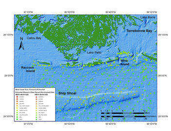 Map highlights mean grain size character of the Isles Dernieres shoreline and the inner shelf region, including Ship Shoal.