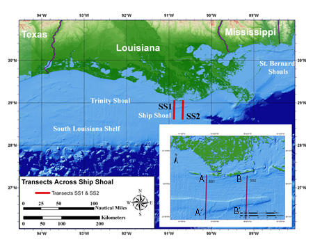 Map showing transects across ship shoal.