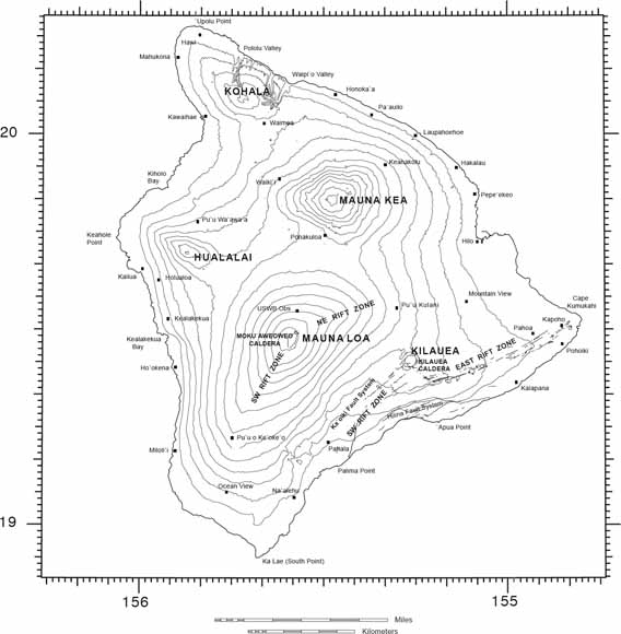 map of the Big Island of Hawai'i; Kohala to the north, Mauna Kea south of that, Hualalai southwest of that, Mauna Loa just south of center, and Kilauea in the southeast near the coast.