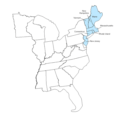 Index map of the eastern region showing Connecticut, Maine, Massachusetts, New Jersey, New Hampshire, Rhode Island and Vermont outlined