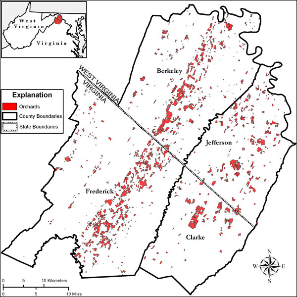 Distribution of orchards in Clarke and Frederick Counties, Virginia, and Berkeley and Jefferson Counties, West Virginia