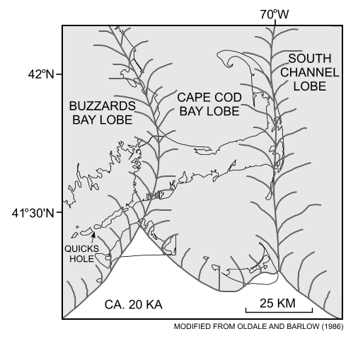 Figure 2. Regional paleogeographic map of Cape Cod and the Islands showing the extent of the Laurentide ice sheet about 20 ka. Map modified from Oldale and Barlow (1986).