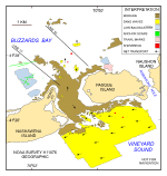 Figure 21. Interpretation of the DTM and sidescan sonar mosaic from NOAA survey H11076 of Quicks Hole. Shown are the areas characterized by moraine, sand waves, and low backscatter.  . 
