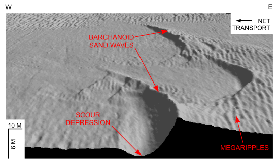 Figure 35. Detailed perspective view of the barchanoid sand waves south of Pasque Island from the DTM produced during NOAA survey H11076.   