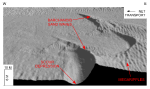 Figure 35. Detailed perspective view of the barchanoid sand waves south of Pasque Island from the DTM produced during NOAA survey H11076. 