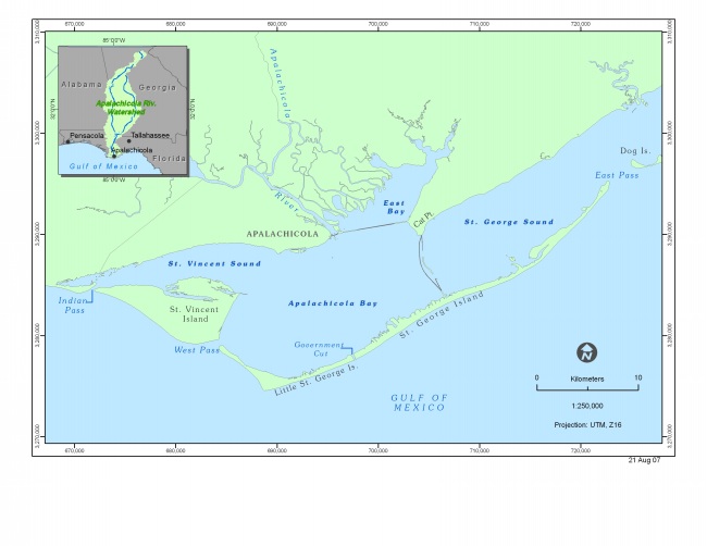 Figure 1. Map of Apalachicola Bay identifying regional geographic locations, physiographic features, and water bodies. Inset illustrates the location of the bay within the southeastern United States. 