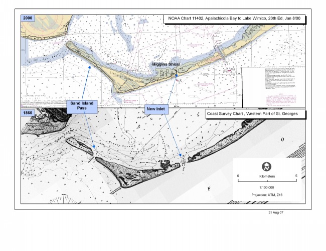 Figure 7. 2000 NOAA chart # 11402 and 1860 NOAA chart # 485 showing the location of New Inlet, a former tidal inlet near Higgins Shoal that presently is sealed (NOAA, 1860; 2000).