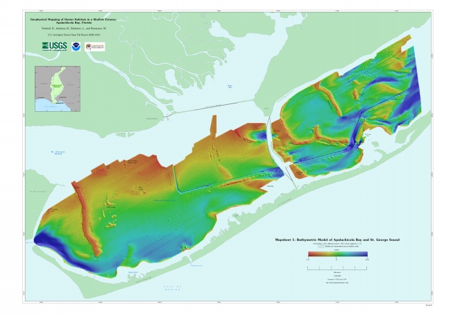 Mapsheet 1.  Bathymetry, presents a regional bathymetric model for the area using a 25-m grid cell resolution.  