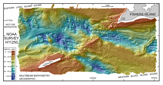 Thumbnail image showing the color hill-shaded GeoTIFF of the 2-m bathymetry from NOAA survey H11250 in geographic.