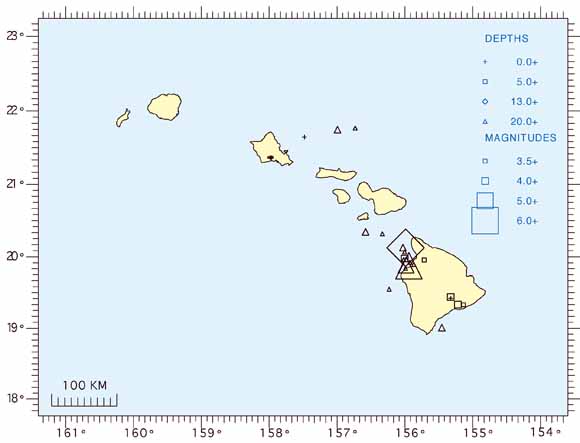map of the Hawaiian Islands showing the locations of earthquakes.  Larger quakes are shown by larger boxes.  There is one six point zero and one six point 7.
