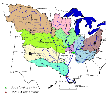 Figure 2. Location of nine large subbasins comprising the Mississippi-Atchafalaya River Basin that are used for estimating and studying nutrient fluxes.