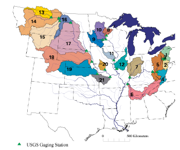 Figure
                        1. Locations of 21 drainage basins in the Mississippi-Atchafalaya River
                        Basin with varied size, hydrology, land use, and geographic location that
                        are used for estimating and studying nutrient fluxes