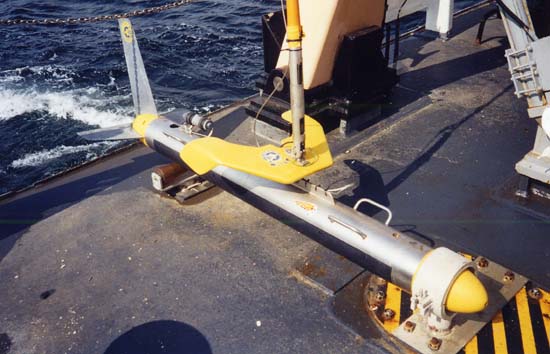 Figure 13. Image showing a Klein 5000 sidescan-sonar towfish shown on the deck of the NOAA Ship THOMAS JEFFERSON.