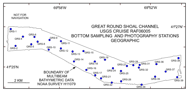 Figure 15. Map showing the station locations used to verify the acoustic data with bottom sampling and photography during the RAFAEL 06005 cruise.