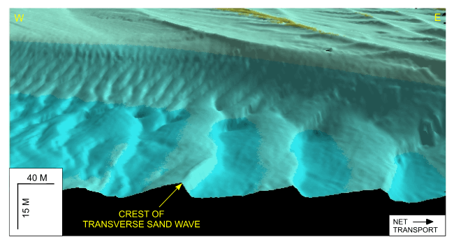Figure 33.  Detailed perspective view looking north of the transverse sand waves adjacent to the southeastern tip of Great Round Shoal from the DTM produced during NOAA survey H11079. 